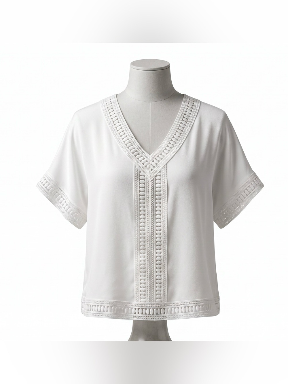 Women’s White V-Neck Embroidered Cropped Short Sleeved Top - Small, Like New